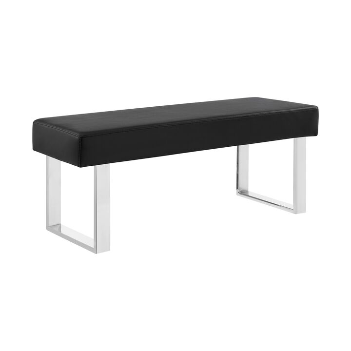 48 Inch Bench with Leatherette Padded Seat and Metal Frame, Black-Benzara
