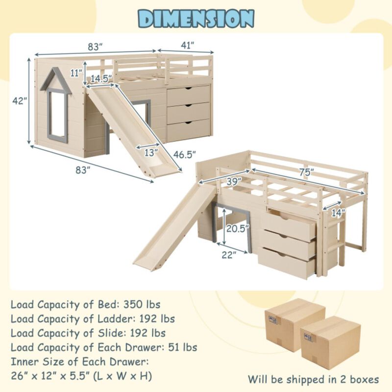 Hivvago 3-In-1 Twin Loft Bed with Slide Ladder Drawers for Kids Teens-Beige
