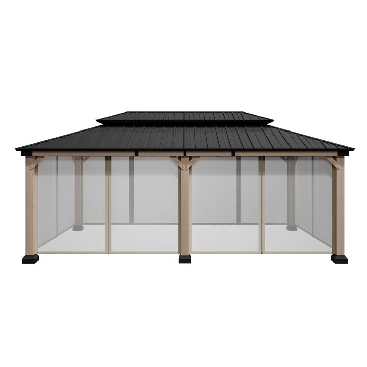 Mondawe Beverly Hills 12 ft. x 20 ft. Outdoor Fir Solid Wood Frame Patio Gazebo Canopy Shelter Galvanized Steel Hardtop Netting