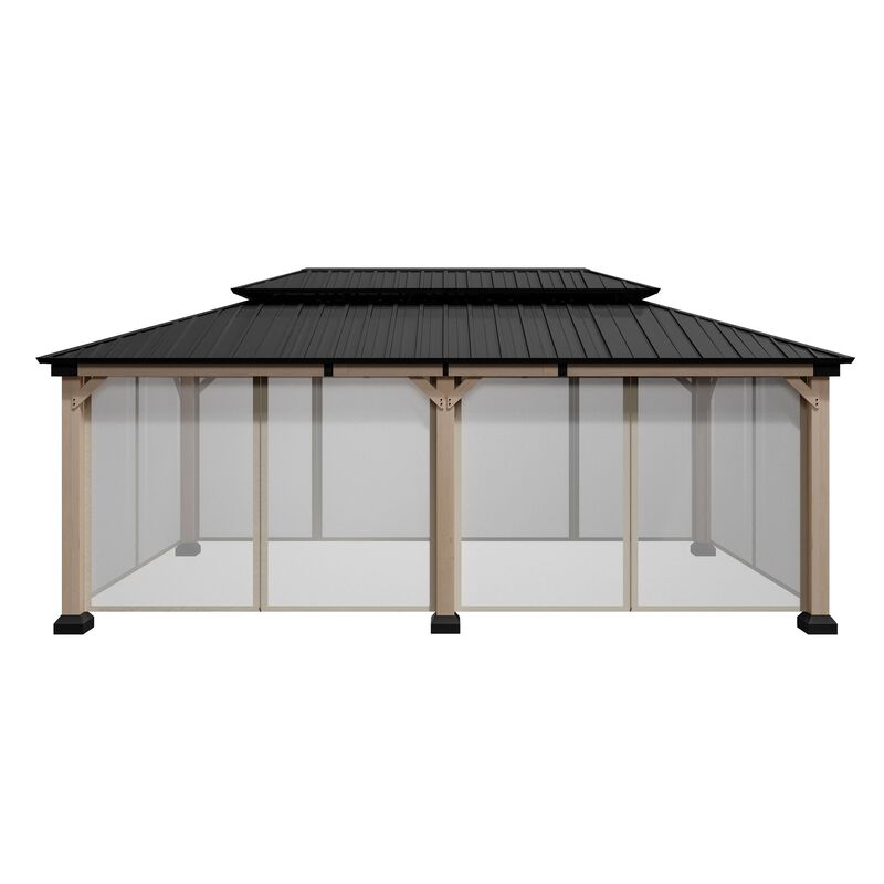 Mondawe Beverly Hills 12 ft. x 20 ft. Outdoor Fir Solid Wood Frame Patio Gazebo Canopy Shelter Galvanized Steel Hardtop Netting
