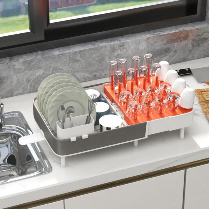 Hivvago Expandable Dish Drying Rack Adjustable Dual-Part Dish Drainer with Detachable Utensil Holder