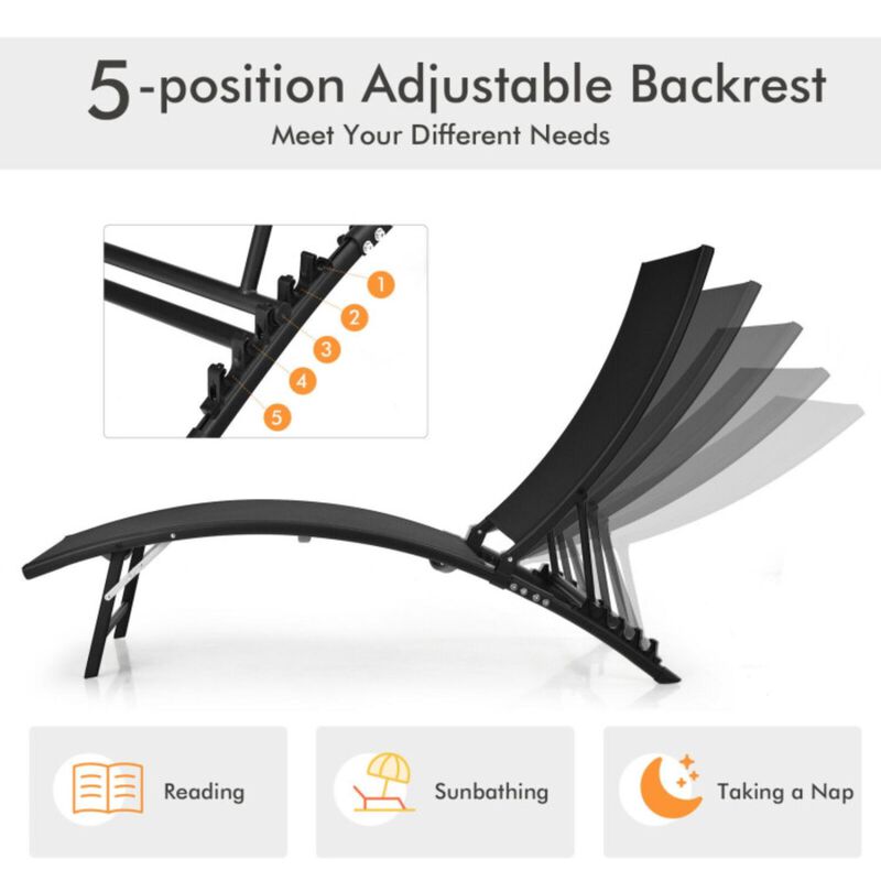 Hivvago 2 Pieces Patio Folding Stackable Lounge Chair Chaise with Armrest-Black