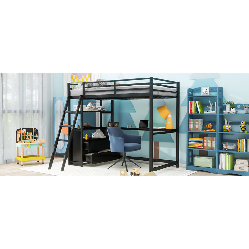Twin Size Metal&Wood Loft Bed With Desk And Shelves, Two Built-In Drawers