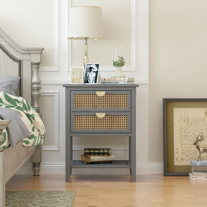2 Drawer Side Table, Natural Rattan, End Table, Suitable For Bedroom, Living Room, Study