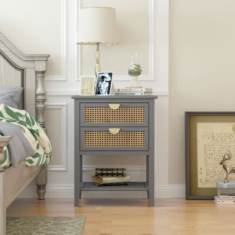 2 Drawer Side Table, Natural Rattan, End Table, Suitable For Bedroom, Living Room, Study
