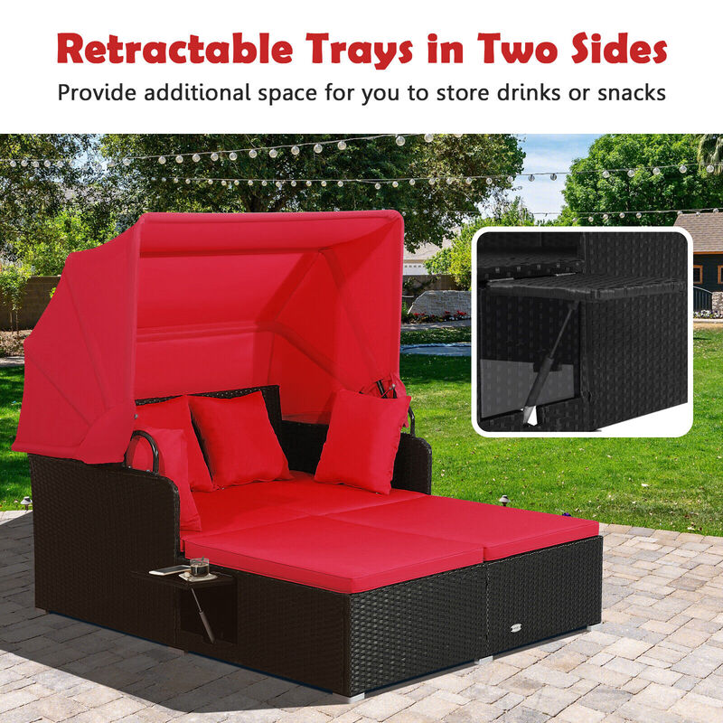 Patio Rattan Daybed with Retractable Canopy and Side Tables