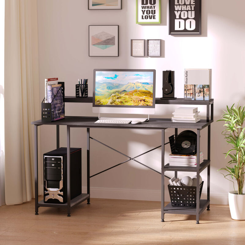Grey Wood Grain Workspace: 55" Home Office Desk with Shelves