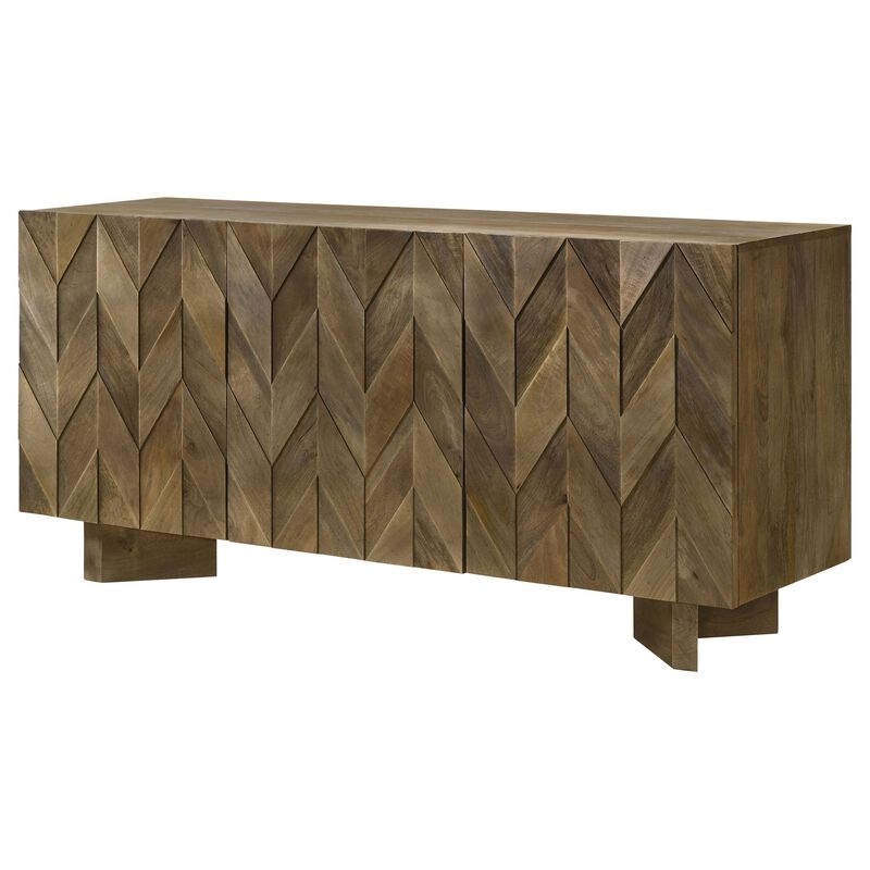 64 Inch Dining Sideboard Server, 2 Cabinets, Chevron Pattern, Mango Brown - Benzara