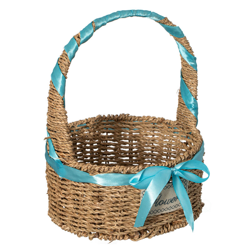 Wickerwise Small Seagrass Wicker Picnic Basket with Handle - Versatile Gift Basket with Blue Ribbon for New Year and Other Occasions, Garden and Home Decor, Natural Wicker Basket and Storage Solution