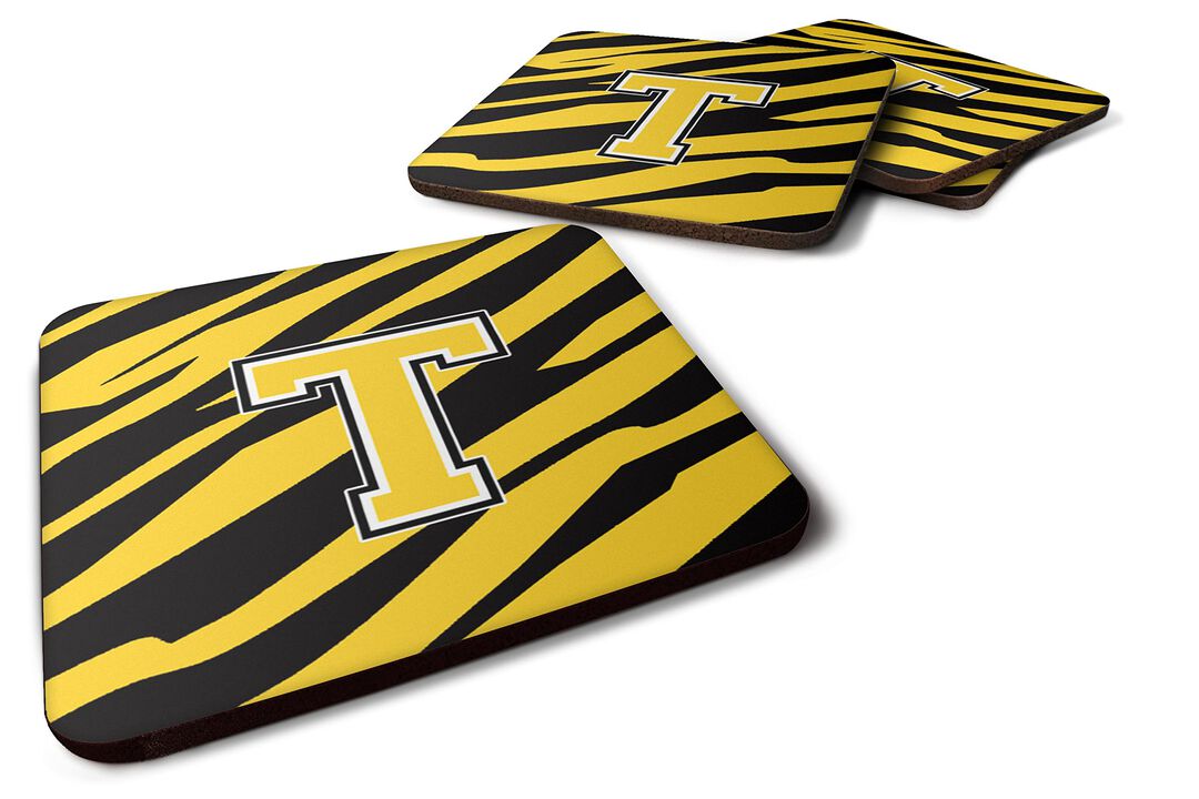 Caroline's Treasures CJ1026-TFC Monogram-Tiger Stripe-Black Gold Foam Coasters (Set of 4), Initial Letter T, 3.5 H x 3.5 W, Multicolor