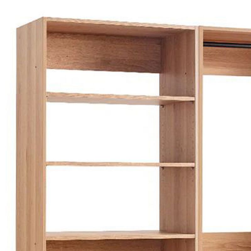 Dee Modular Closet System, 3 Clothing Racks, 6 Shelves in Oak Brown Wood - Benzara