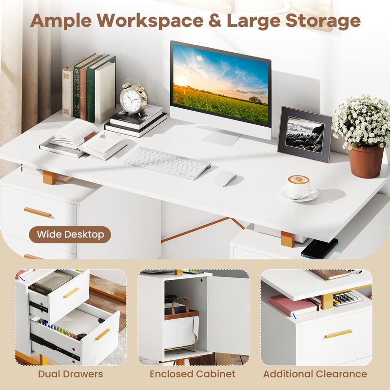 Computer Desk with Floating Desktop Design and Dual Storage Drawers