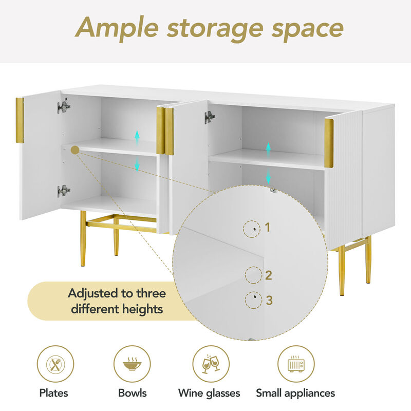 60" Modern Elegant 4-door Sideboard,Gold Metal Handle Storage Cabinet, White