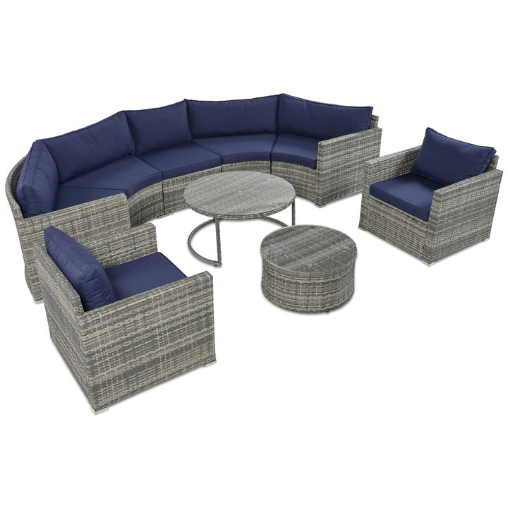 Whisen Modern Style Outdoor Half-moon Patio Sofa Set, 9-Pieces Round Sofa Set - Blue