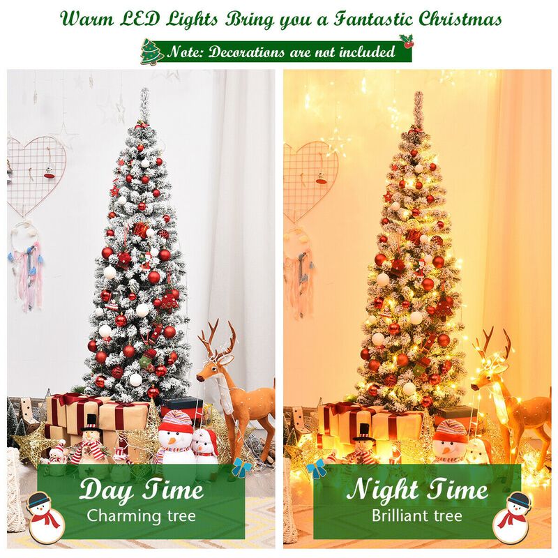 Pre-lit Snow Flocked Artificial Pencil Christmas Tree for Elegant, Space-Saving Holiday Decor with a Wintery Touch