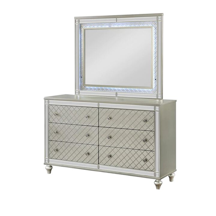 Benjara Cristo 62 Inch Wide Dresser with Mirror, 6 Drawers, Champagne Cross Pattern, Silver