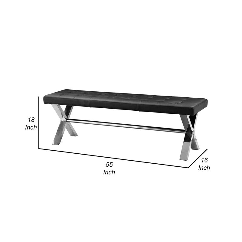 55 Inch Bench, Tufted Cushioned Seat, Smooth Black Faux Leather Upholstery - Benzara