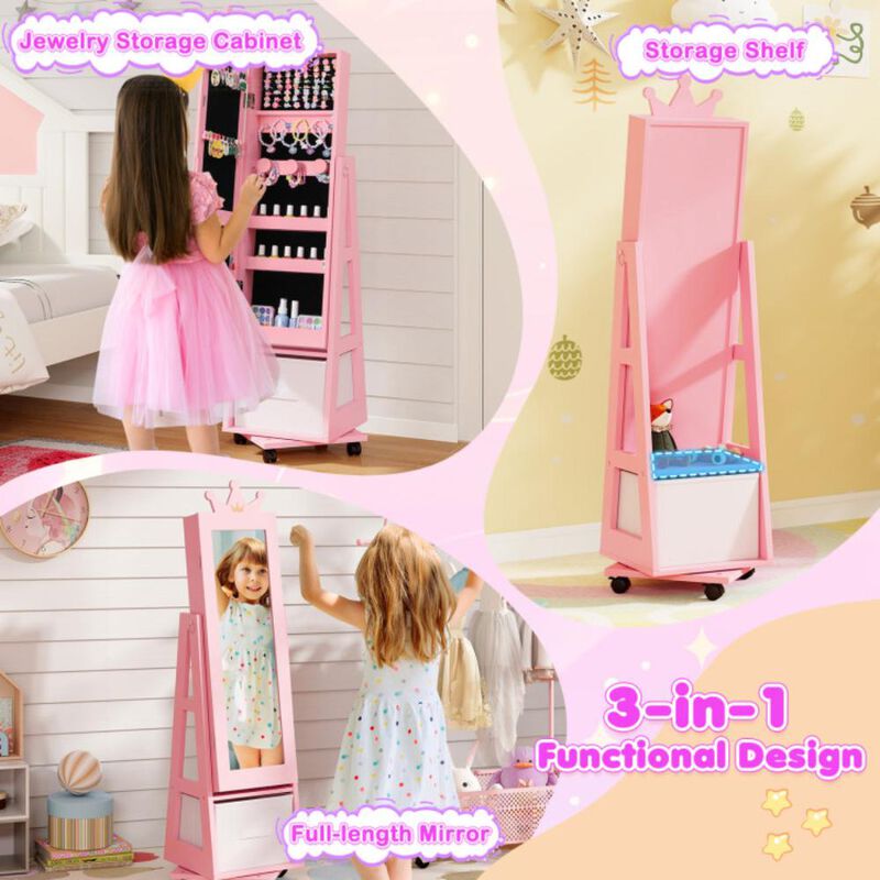 Hivvago Kids Jewelry Armoire Cabinet with Swivel Base and Lockable Universal Wheels