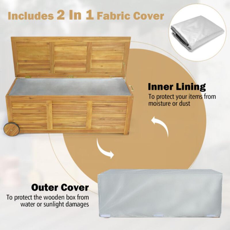 Hivvago Rolling Patio Wooden Deck Box with 2 Wheels and Side Handle for Outdoor