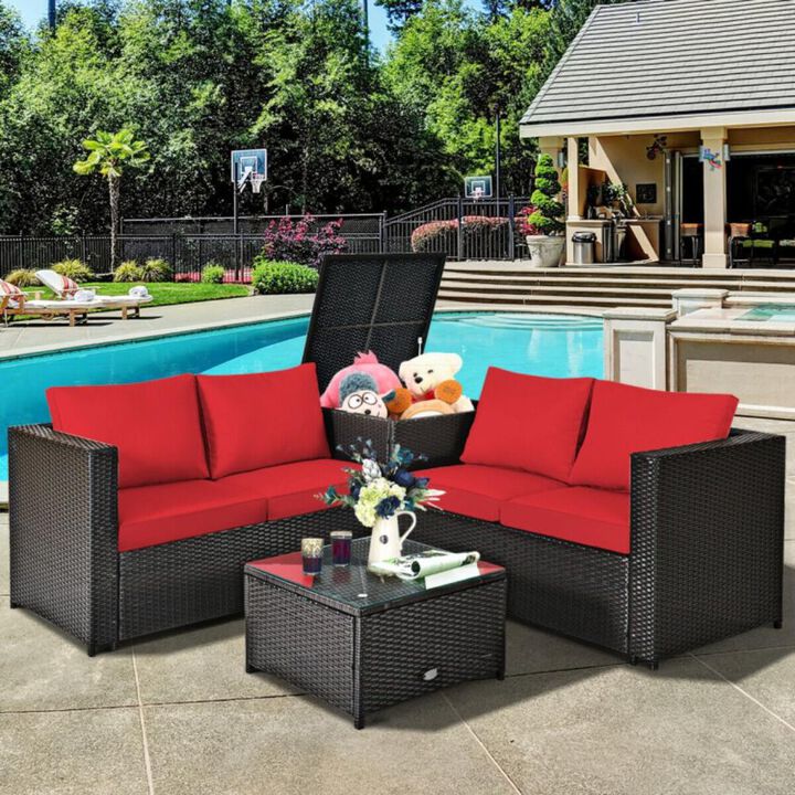 Hivvago 4 Pieces Outdoor Patio Rattan Furniture Set with Loveseat and Storage Box