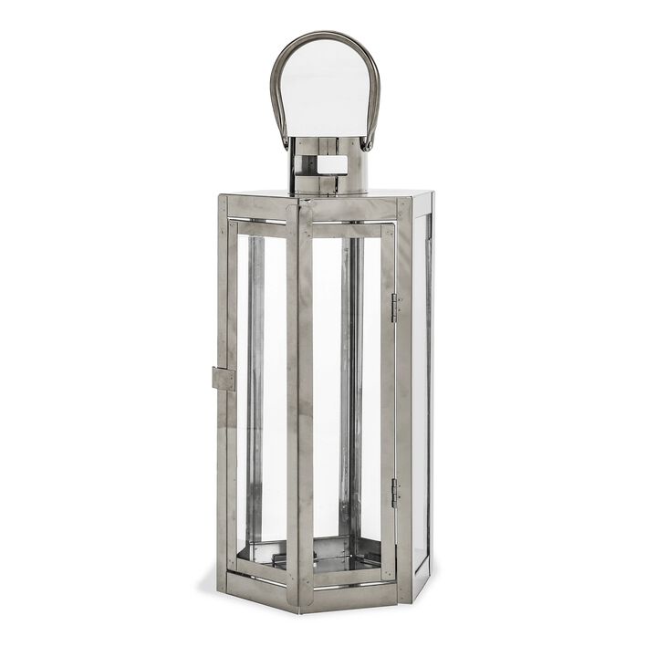 Clerk Lantern, Silver Stainless Steel Hexagonal, Tempered Glass, 16 Inch - Benzara