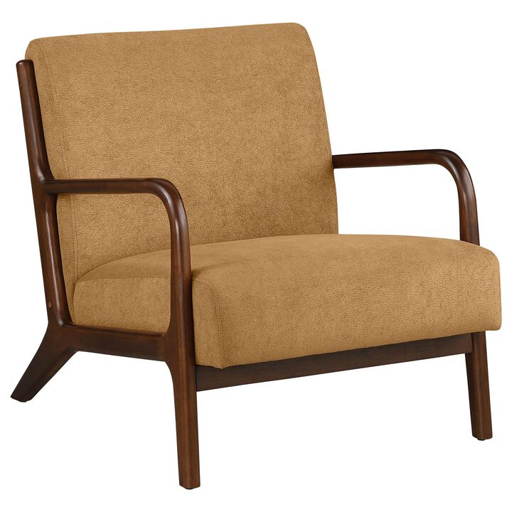 Arril Accent Chair, Soft Honey Orange Fabric Cushions, Dark Brown Wood - Benzara