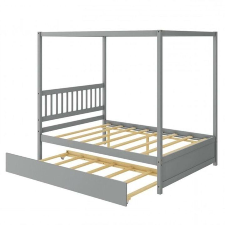 Hivvago Full Size Canopy Platform Bed with Twin Roller Trundle Bed
