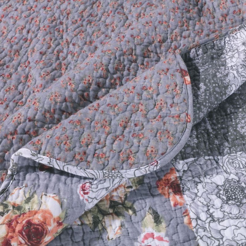 Microfiber Quilt and 1 Pillow Sham Set with Floral Prints, Multicolor - Benzara