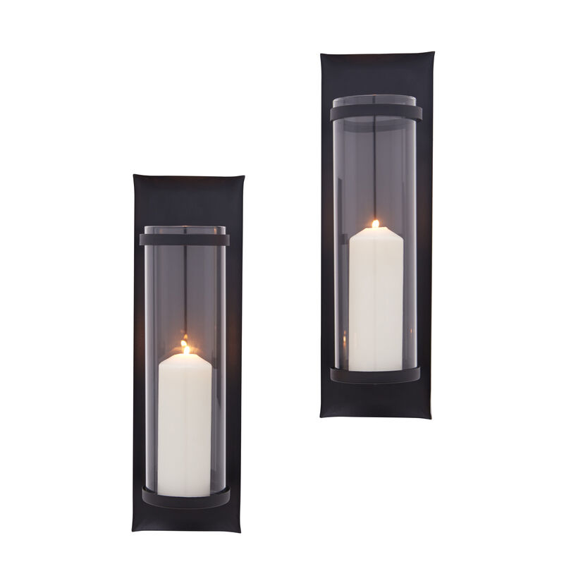 Metal Pillar Candle Sconces with Glass Inserts A Wrought Iron Rectangle Wall Accent (Set of 2)