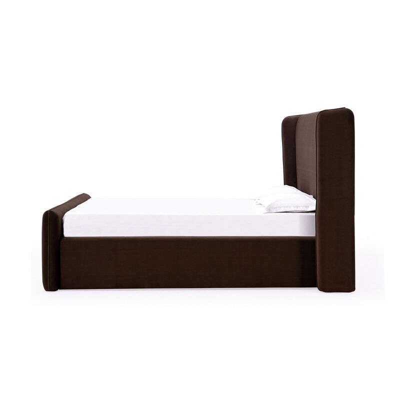 Baca Queen Platform Bed, Velvet Upholstery, Wingback Headboard, Brown - Benzara