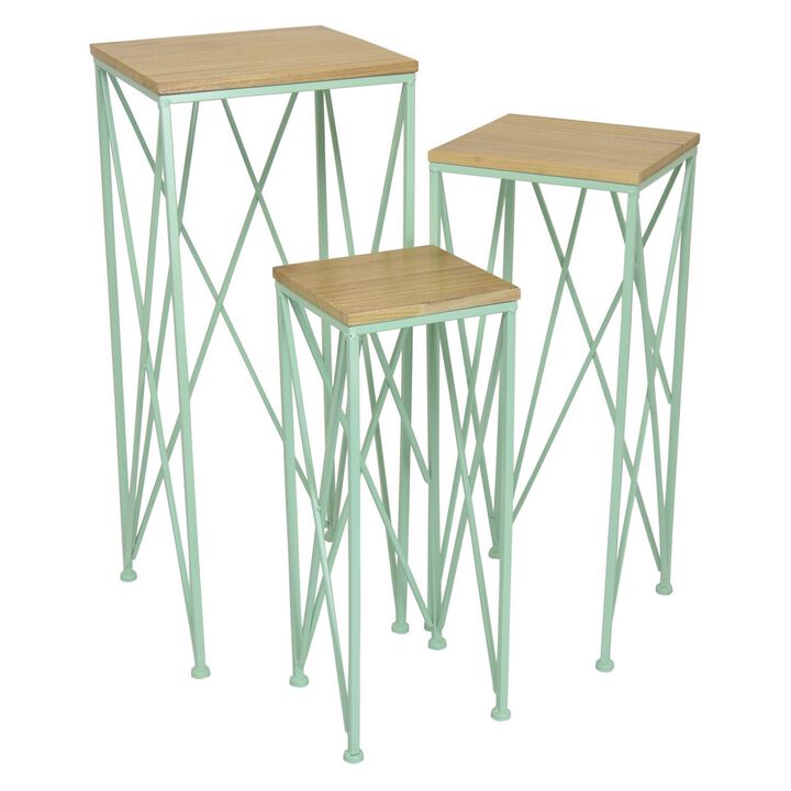 Mito 3pc Nesting Plant Stand Table, Brown Wood, X Cross Green Metal - Benzara