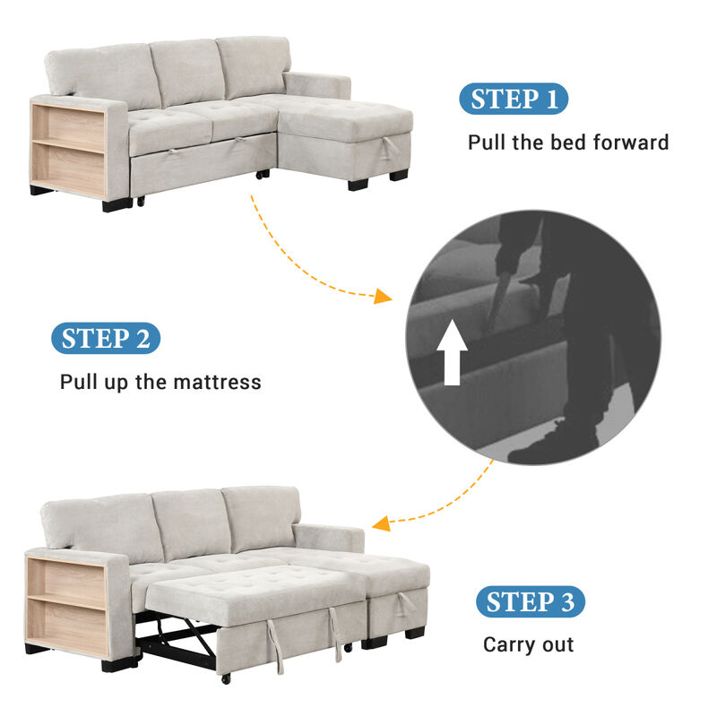 Light Gray Chaise Lounge Sectional with Storage and USB Charger