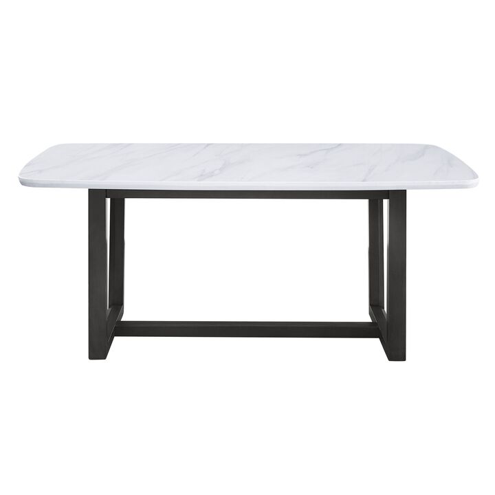 Dining Table with Marble Top and Trestle Base, Gray - Benzara
