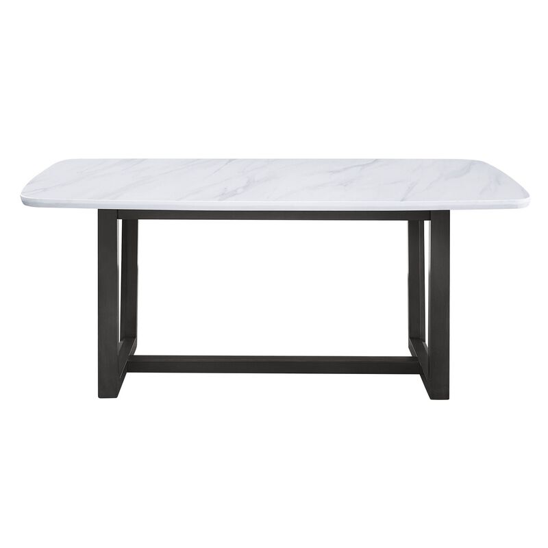 Dining Table with Marble Top and Trestle Base, Gray - Benzara