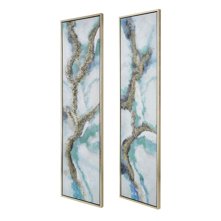 20 x 71 Tall Framed Wall Art Oil Painting Set of 2, Blue and Gold Canvas - Benzara