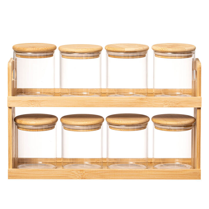 Basicwise Versatile 2-Tier Bamboo Spice Rack and Pantry Organizer with 8 Glass Jars – Perfect for Countertop Storage in Kitchens to Keep  Seasoning Containers Neatly Displayed and Easily Accessible