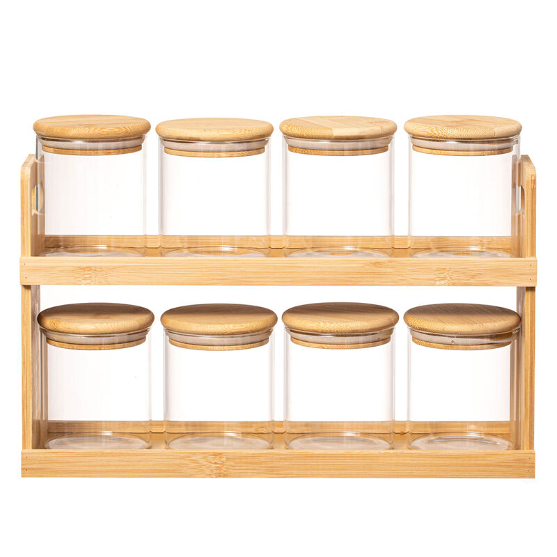 Basicwise Versatile 2-Tier Bamboo Spice Rack and Pantry Organizer with 8 Glass Jars – Perfect for Countertop Storage in Kitchens to Keep  Seasoning Containers Neatly Displayed and Easily Accessible