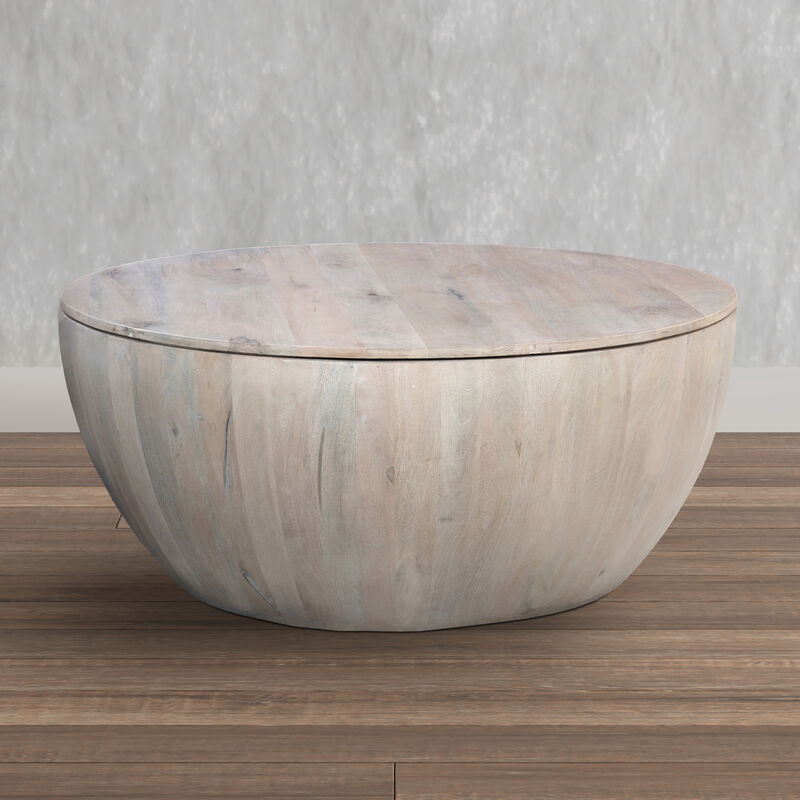 37 Inch Round Coffee Table, Handcrafted Drum Shape with Storage, Washed White Mango Wood - Benzara