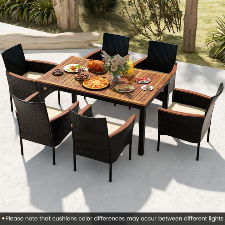 Hivvago 7 Pieces Rattan Patio Dining Set with Stackable Chairs and Umbrella Hole