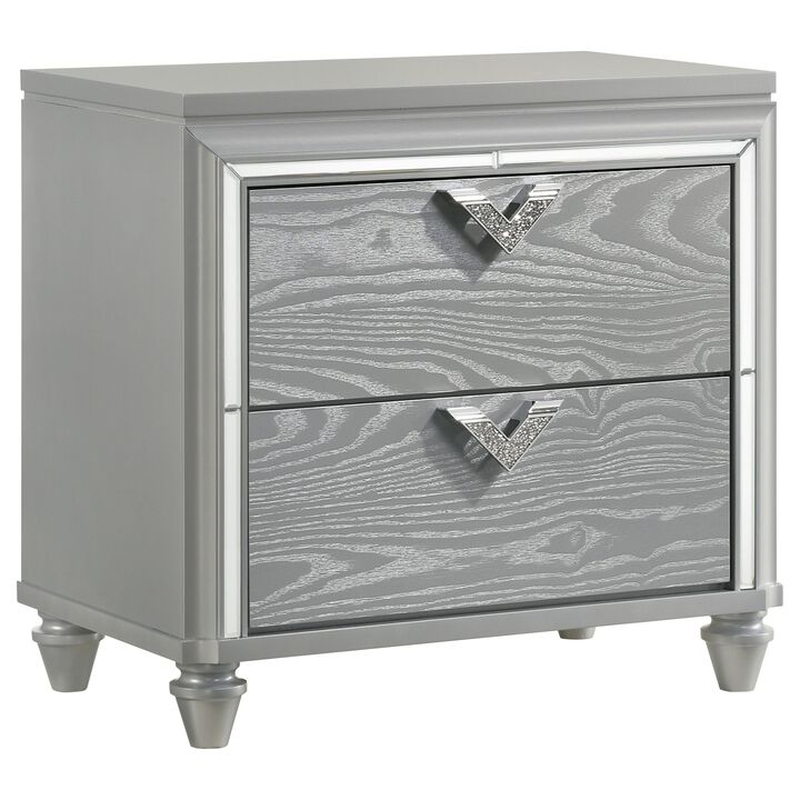 Haley Nightstand, 2 Drawers, V Shape Glittering Handles, Light Silver Wood - Benzara