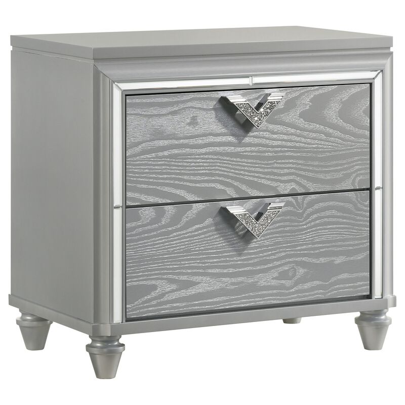 Haley Nightstand, 2 Drawers, V Shape Glittering Handles, Light Silver Wood - Benzara