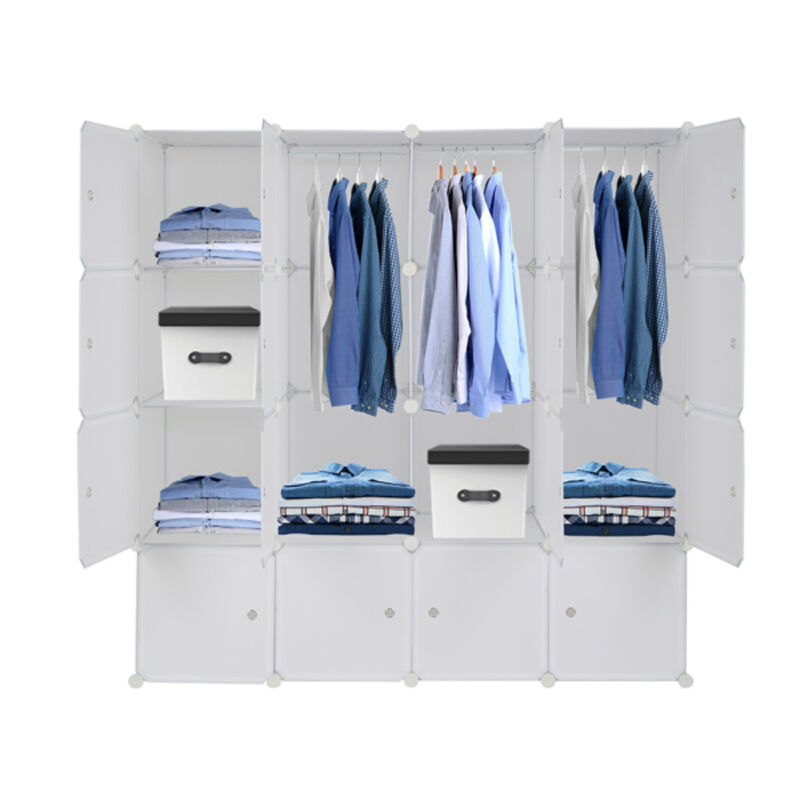 16-Cube Modular Wardrobe, 4-Layer Plastic & Steel Storage Organizer with 3 Hanging Rods