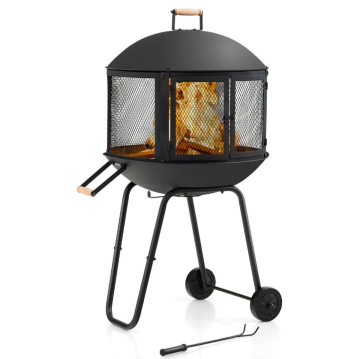 Hivvago 28 Inch Portable Fire Pit on Wheels with Log Grate-Black