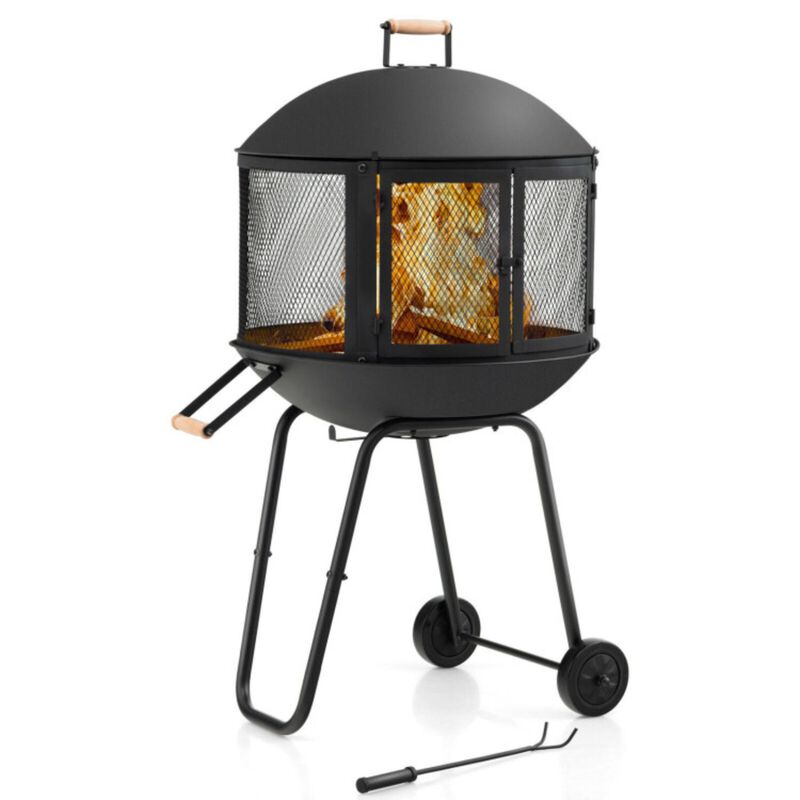 Hivvago 28 Inch Portable Fire Pit on Wheels with Log Grate-Black