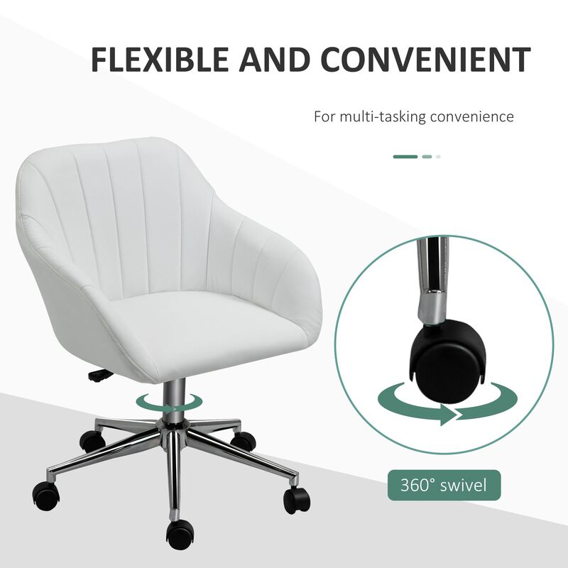 White Home Office Chair: Mid-Back PU Leather Swivel Tub Armchair