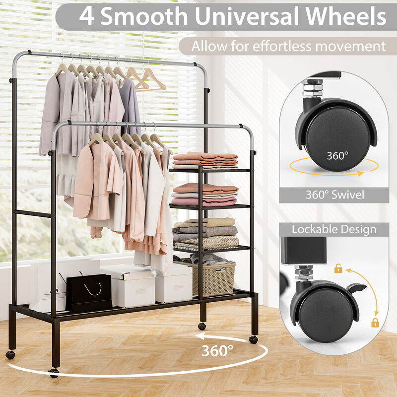 Rolling Double Rods Garment Rack with Height Adjustable Hanging Bars