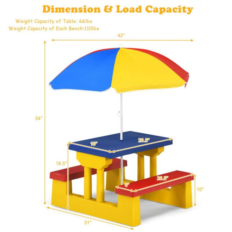 Hivvago Kids Picnic Folding Table and Bench with Umbrella-Yellow