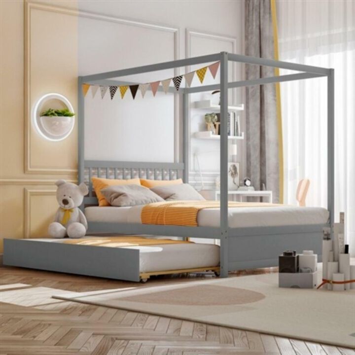 Hivvago Full Size Canopy Platform Bed with Twin Roller Trundle Bed