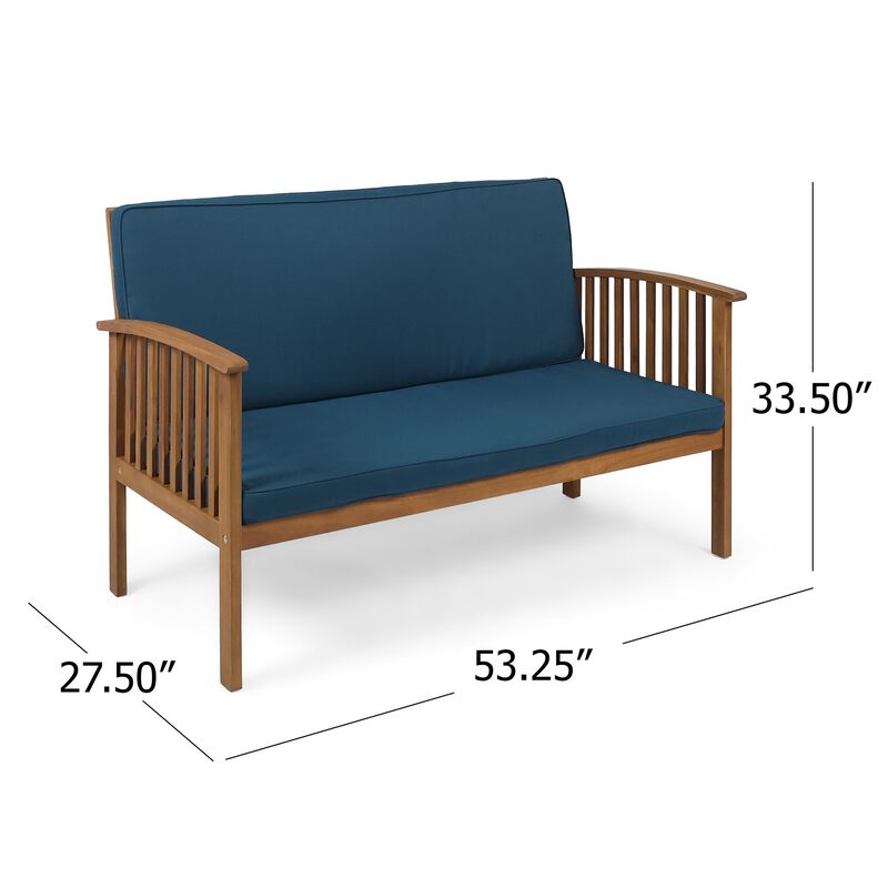 Gerry Outdoor Loveseat, Slat Panel Design, 53 Inch, Blue Cushions - Benzara