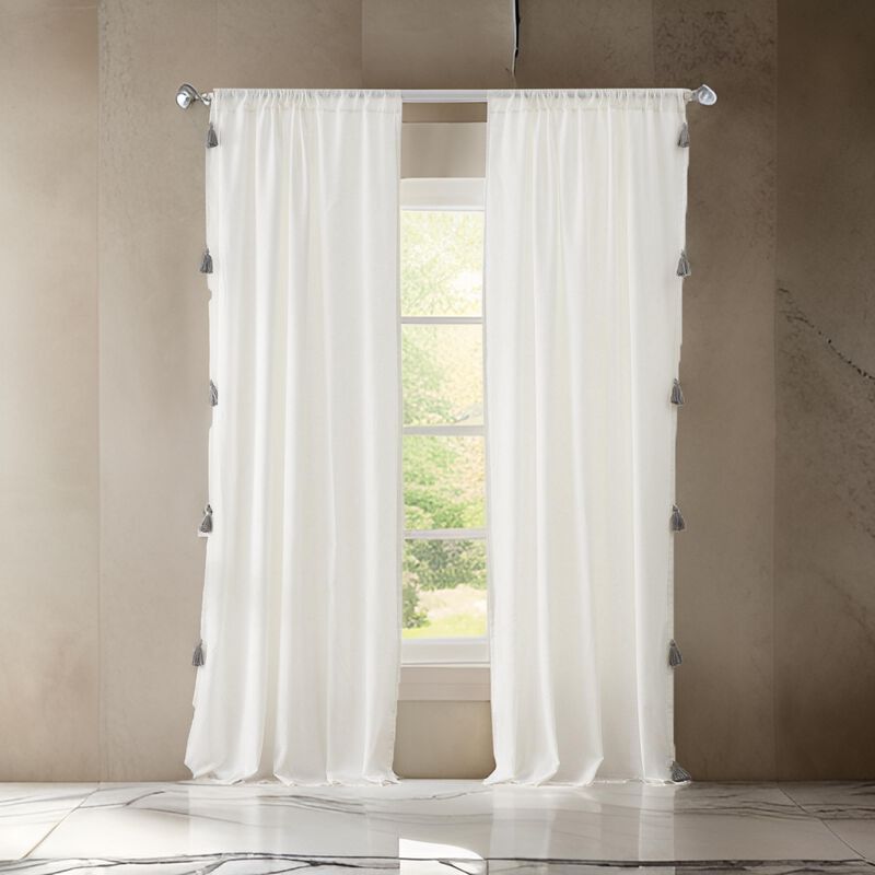Xumi 4 Piece Window Curtain, 2 Panels with Tie Backs, Antique White Finish - Benzara